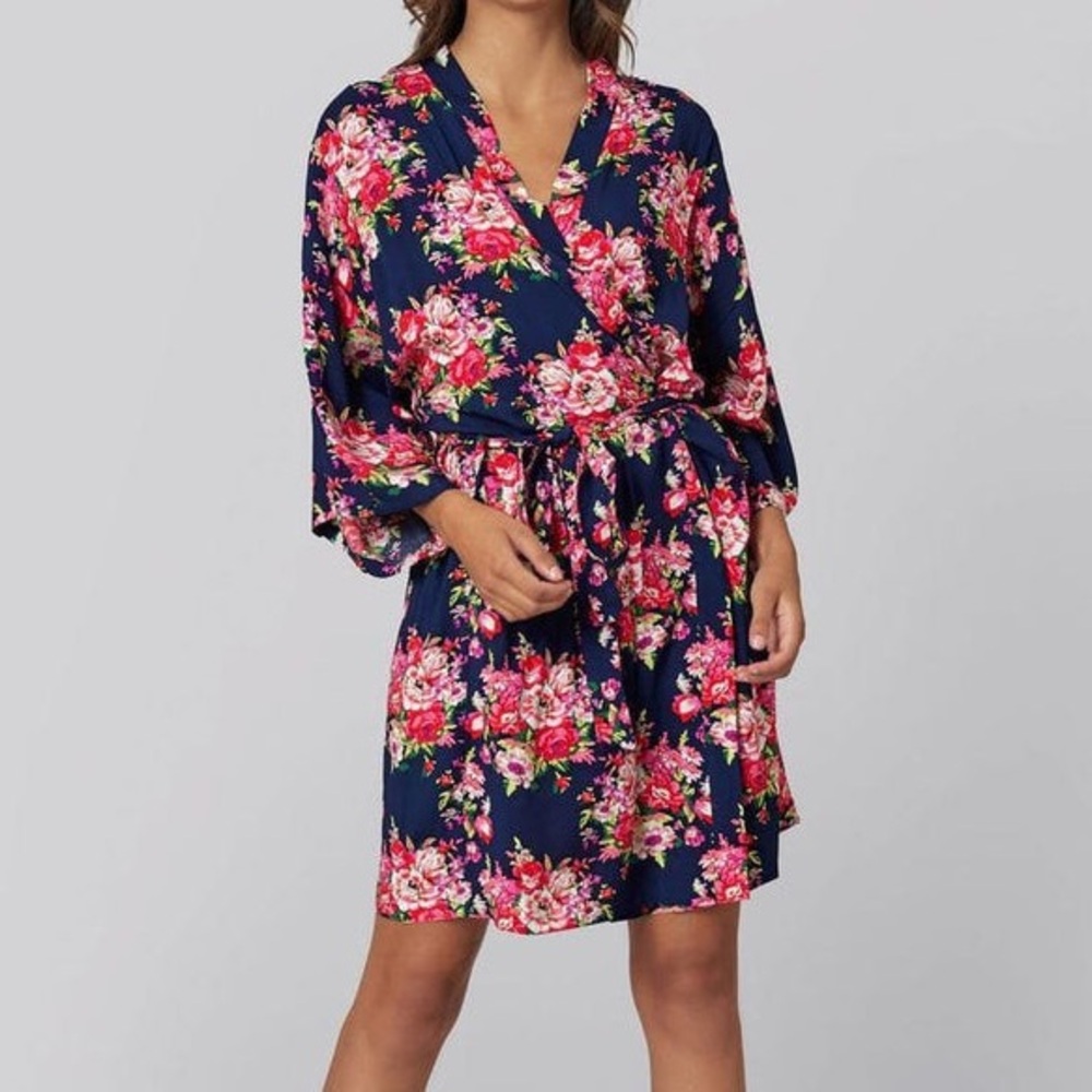 Kennedy Blue Navy and Pink Floral Wrap Robe Tie Belt Kimono Sleeves Standard